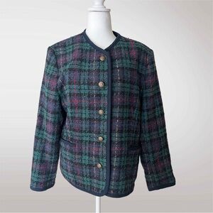Vintage Alfred Dunner Wool Blazer Green And Navy Plaid Women’s Size 14